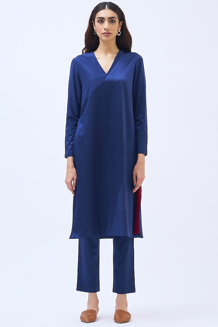 Sapphire Blue Silk Satin Crepe Kurta Set by Kshitij Jalori