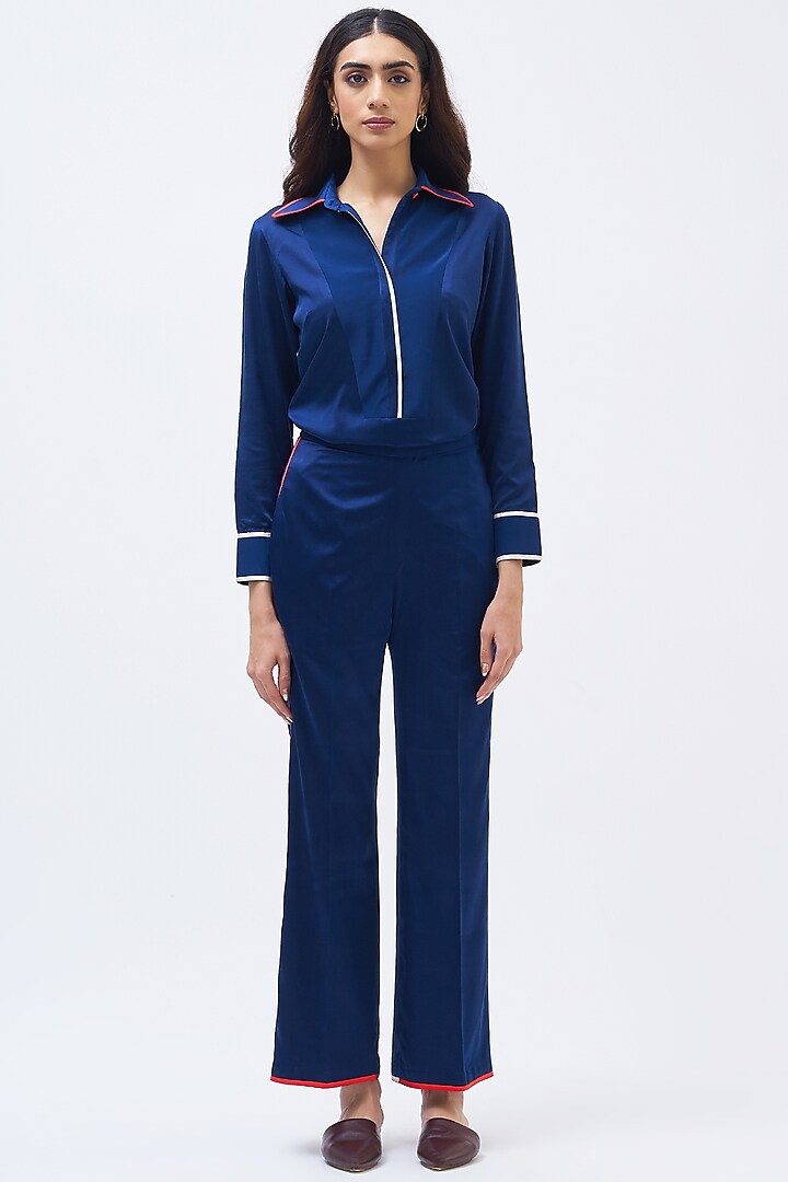 Sapphire Blue Silk Satin Crepe Co-Ord Set by Kshitij Jalori at Pernia's Pop Up Shop