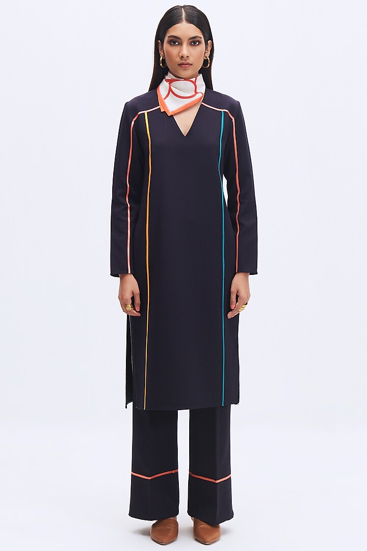 Deep Navy Italian Crepe Kurta Set by Kshitij Jalori at Pernia's Pop Up Shop