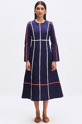 Sapphire Blue Silk Satin Crepe Dress by Kshitij Jalori