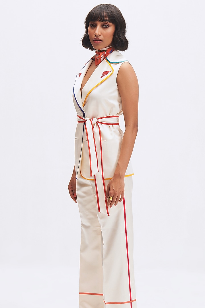 White Silk Satin Crepe Pant Suit Set by Kshitij Jalori at Pernia's Pop Up Shop