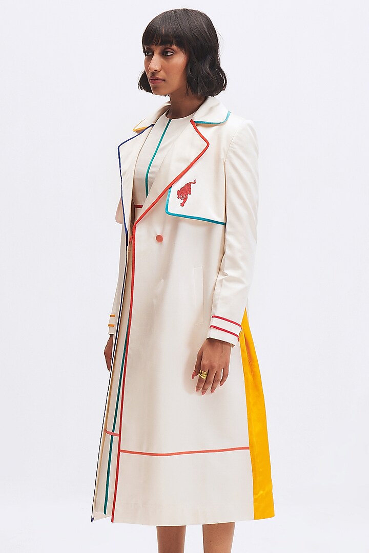 White Silk Satin Crepe Trench Jacket by Kshitij Jalori at Pernia's Pop Up Shop