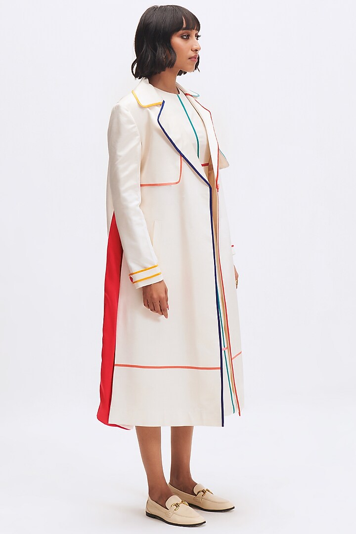 White Silk Satin Crepe Trench Jacket by Kshitij Jalori at Pernia's Pop Up Shop