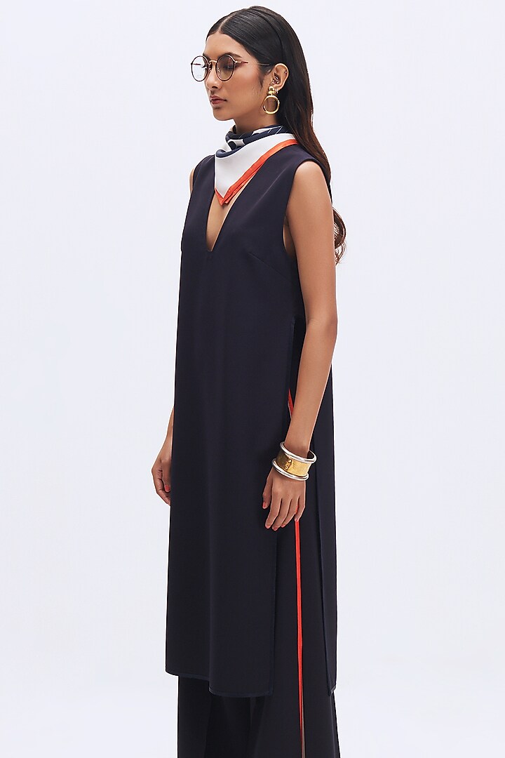 Deep Navy Italian Crepe & Silk Satin Crepe Kurta Set by Kshitij Jalori at Pernia's Pop Up Shop