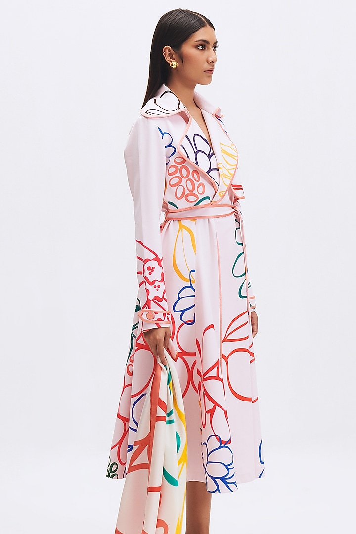 White Italian Crepe Printed Trench Cocktail Dress by Kshitij Jalori at Pernia's Pop Up Shop