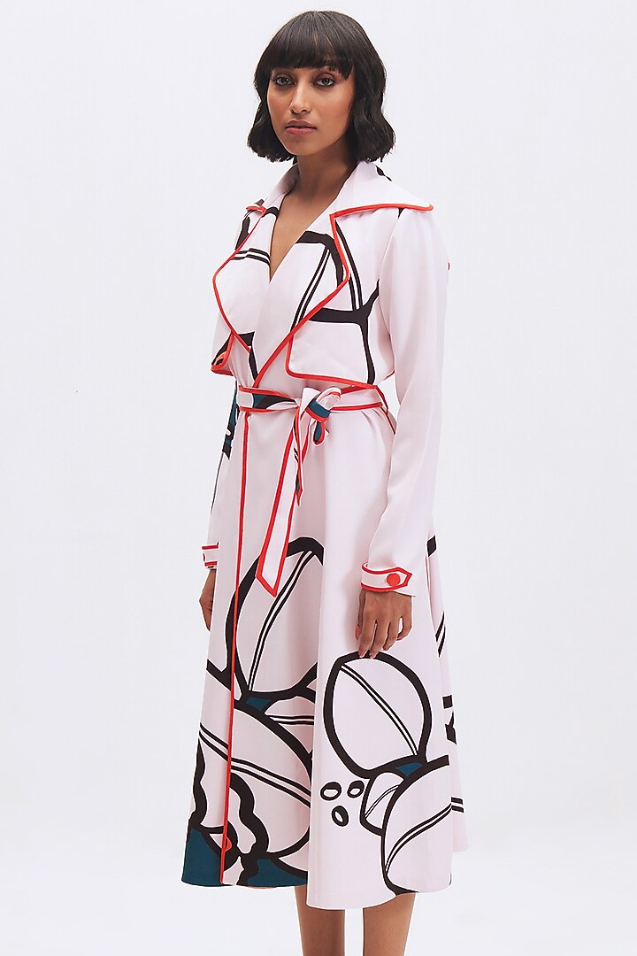 White Italian Crepe Printed Trench Cocktail Dress by Kshitij Jalori at Pernia's Pop Up Shop