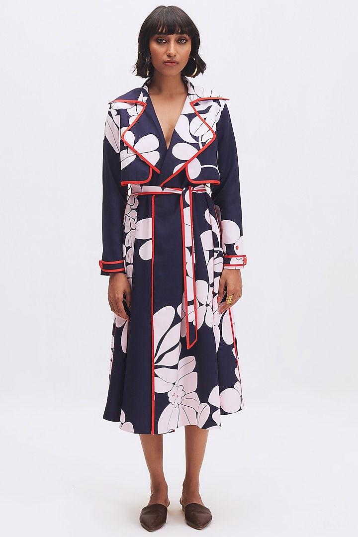 Deep Navy Italian Crepe Printed Trench Cocktail Dress by Kshitij Jalori at Pernia's Pop Up Shop