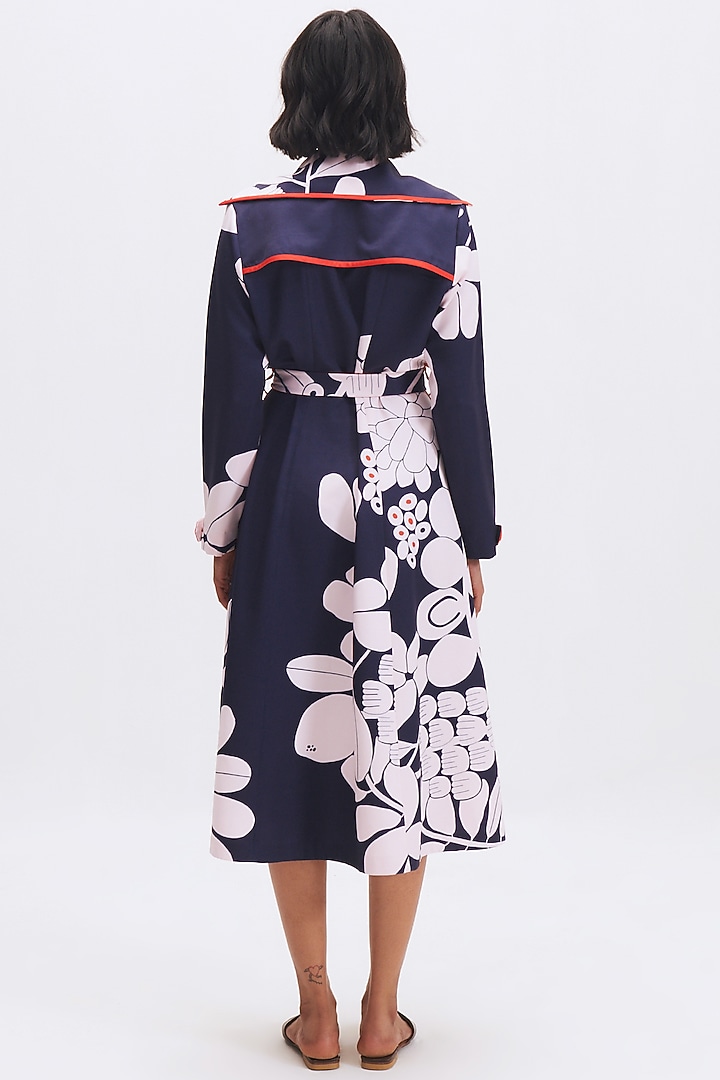 Deep Navy Italian Crepe Printed Trench Cocktail Dress by Kshitij Jalori at Pernia's Pop Up Shop