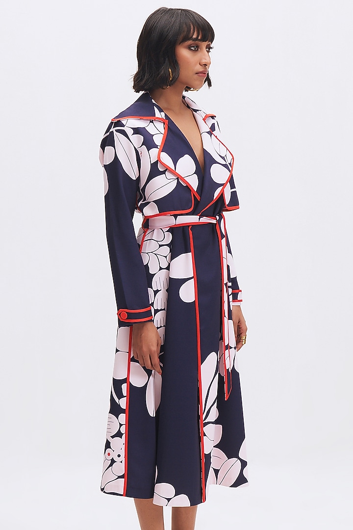 Deep Navy Italian Crepe Printed Trench Cocktail Dress by Kshitij Jalori at Pernia's Pop Up Shop
