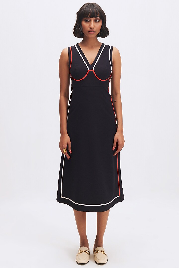 Deep Navy Italian Crepe Trench Vacation Dress by Kshitij Jalori at Pernia's Pop Up Shop