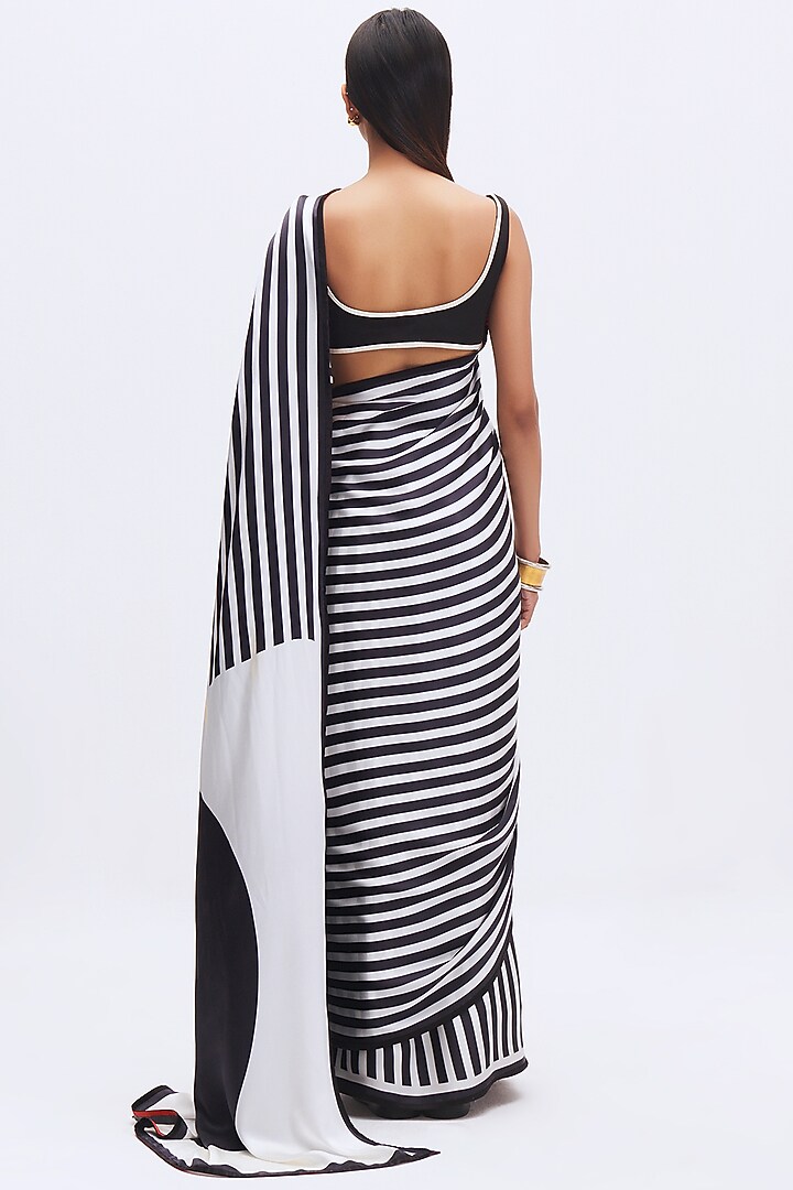 White & Black Silk Satin Crepe Printed Party Wear Saree by Kshitij Jalori at Pernia's Pop Up Shop