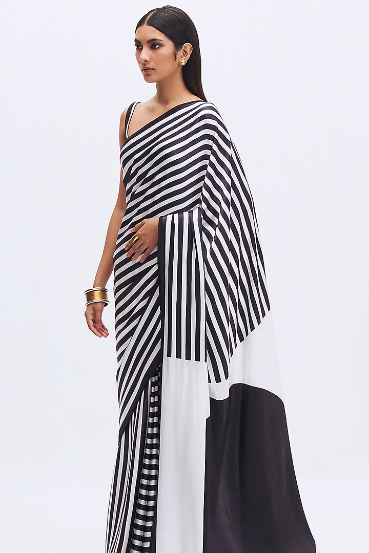 White & Black Silk Satin Crepe Printed Party Wear Saree by Kshitij Jalori at Pernia's Pop Up Shop