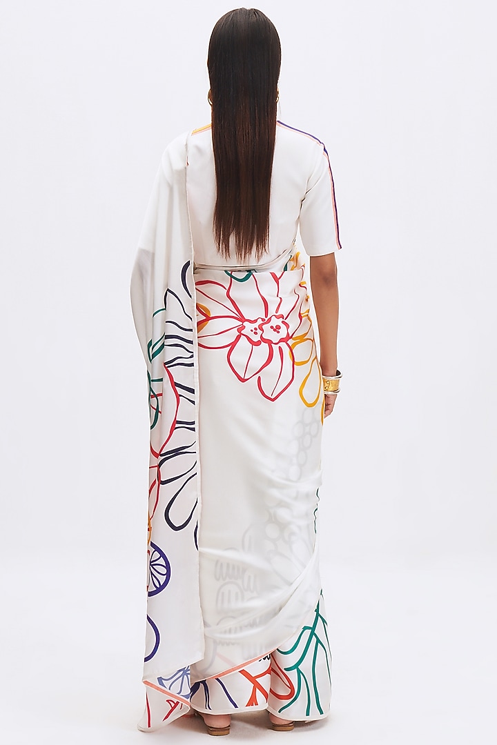 White Silk Satin Crepe Printed Party Wear Saree by Kshitij Jalori at Pernia's Pop Up Shop