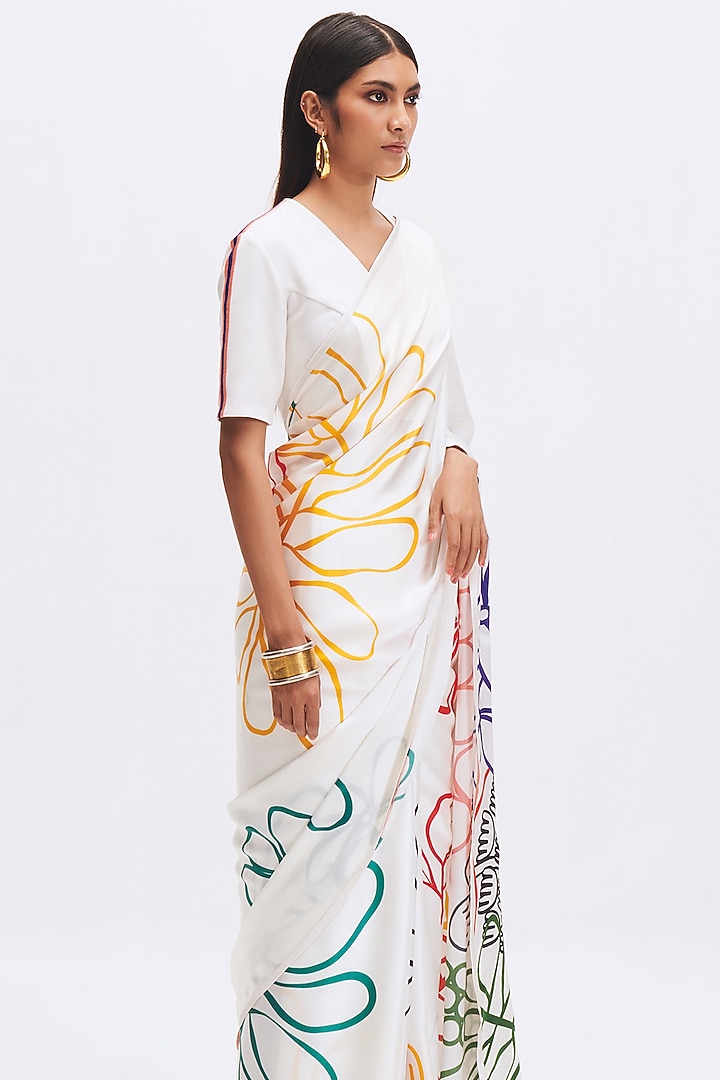 White Silk Satin Crepe Printed Party Wear Saree by Kshitij Jalori at Pernia's Pop Up Shop