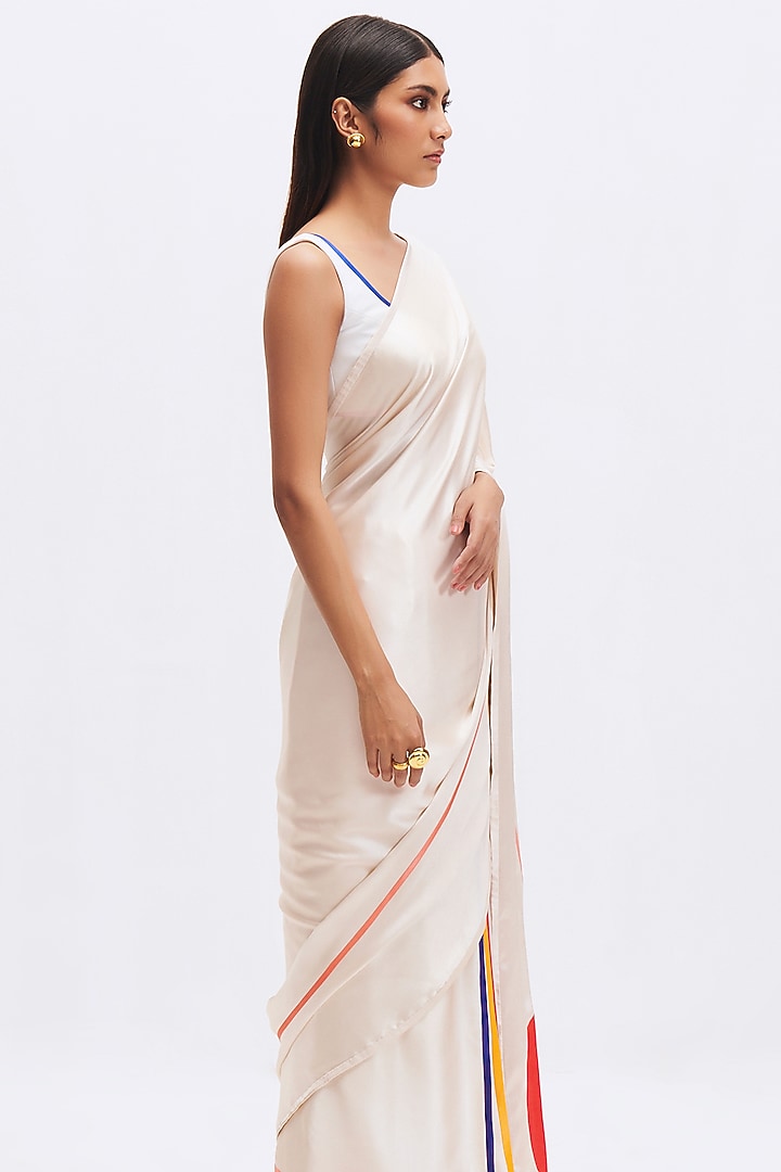 White Silk Satin Crepe Printed Party Wear Saree by Kshitij Jalori at Pernia's Pop Up Shop