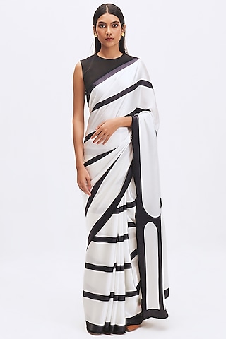White & Black Silk Satin Crepe Printed Saree by Kshitij Jalori