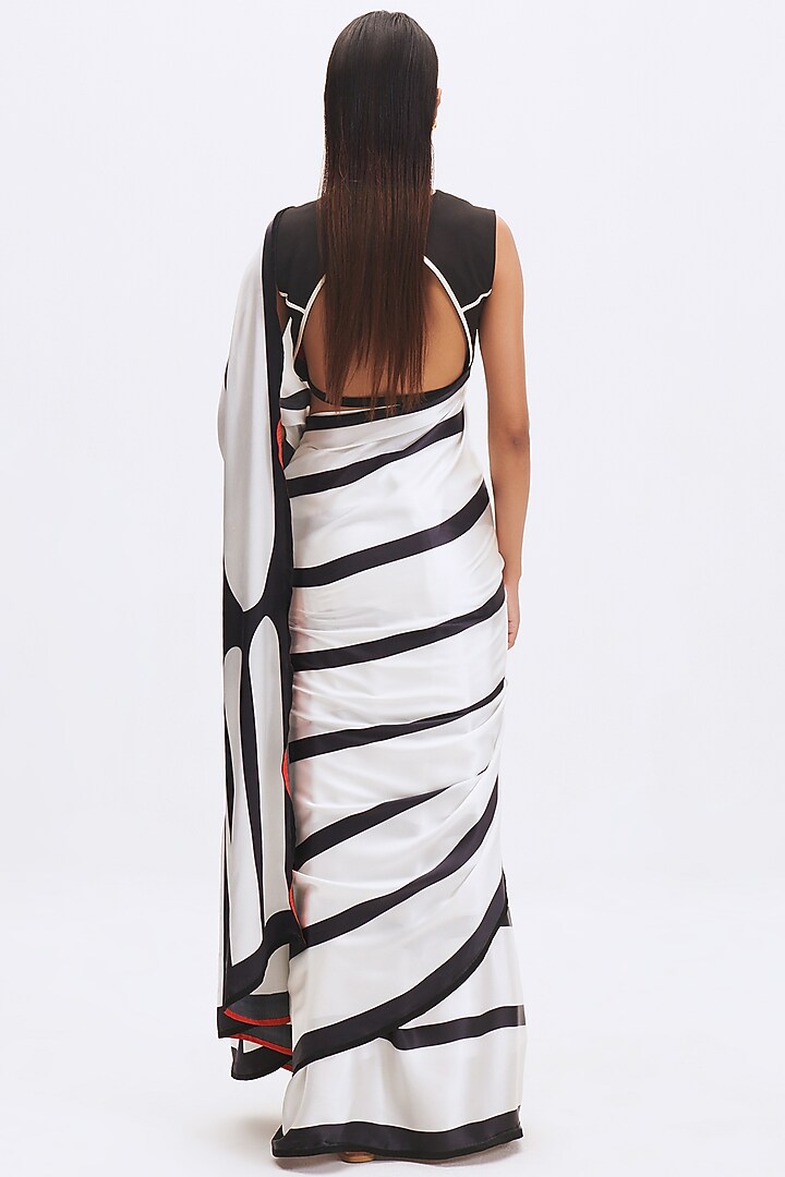 White & Black Silk Satin Crepe Printed Party Wear Saree by Kshitij Jalori at Pernia's Pop Up Shop
