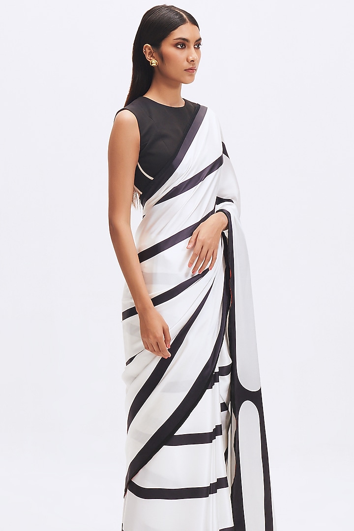 White & Black Silk Satin Crepe Printed Party Wear Saree by Kshitij Jalori at Pernia's Pop Up Shop