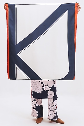 White Silk Twill Printed Scarf by Kshitij Jalori