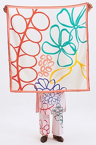 White Silk Twill Printed Scarf by Kshitij Jalori