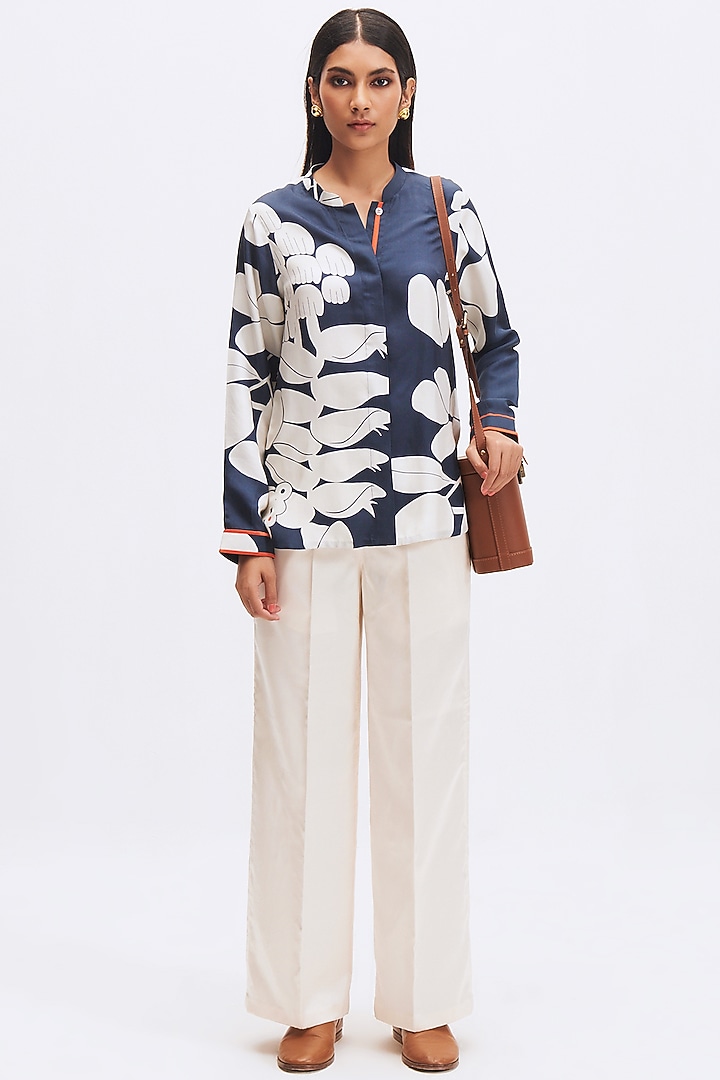 Deep Navy Blue Silk Twill Printed Shirt by Kshitij Jalori at Pernia's Pop Up Shop