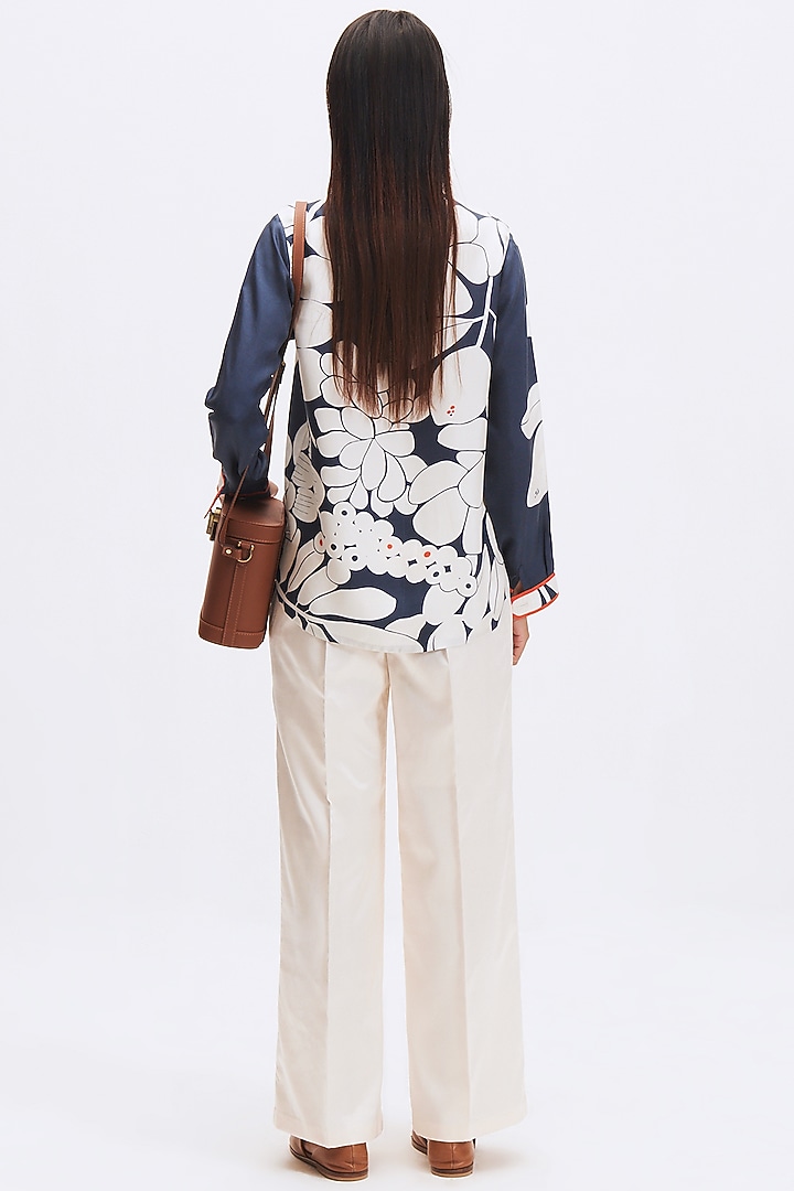 Deep Navy Blue Silk Twill Printed Shirt by Kshitij Jalori at Pernia's Pop Up Shop