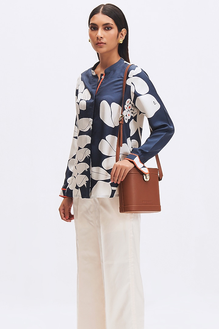 Deep Navy Blue Silk Twill Printed Shirt by Kshitij Jalori at Pernia's Pop Up Shop