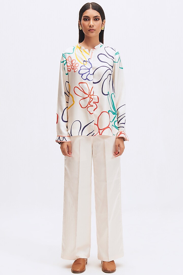 White Silk Twill Printed Shirt by Kshitij Jalori at Pernia's Pop Up Shop