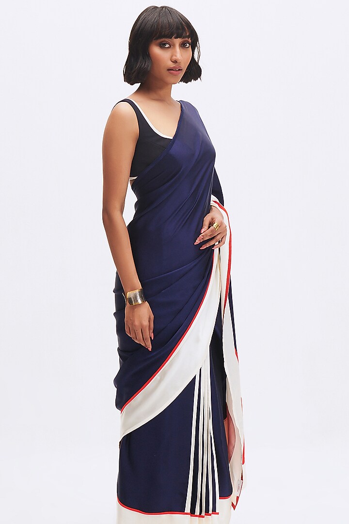 Sapphire Silk Satin Crepe Wedding Saree by Kshitij Jalori at Pernia's Pop Up Shop