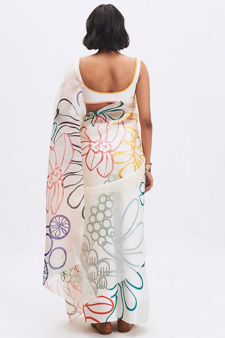 White Silk Satin Crepe & Silk Satin Organza Printed Party Wear Saree by Kshitij Jalori at Pernia's Pop Up Shop