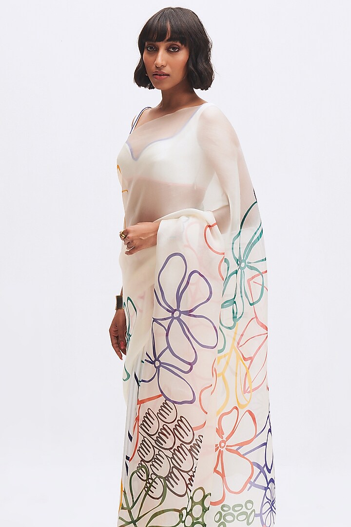 White Silk Satin Crepe & Silk Satin Organza Printed Party Wear Saree by Kshitij Jalori at Pernia's Pop Up Shop