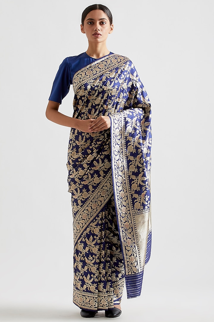 Indigo Blue Saree In Silk by Kshitij Jalori
