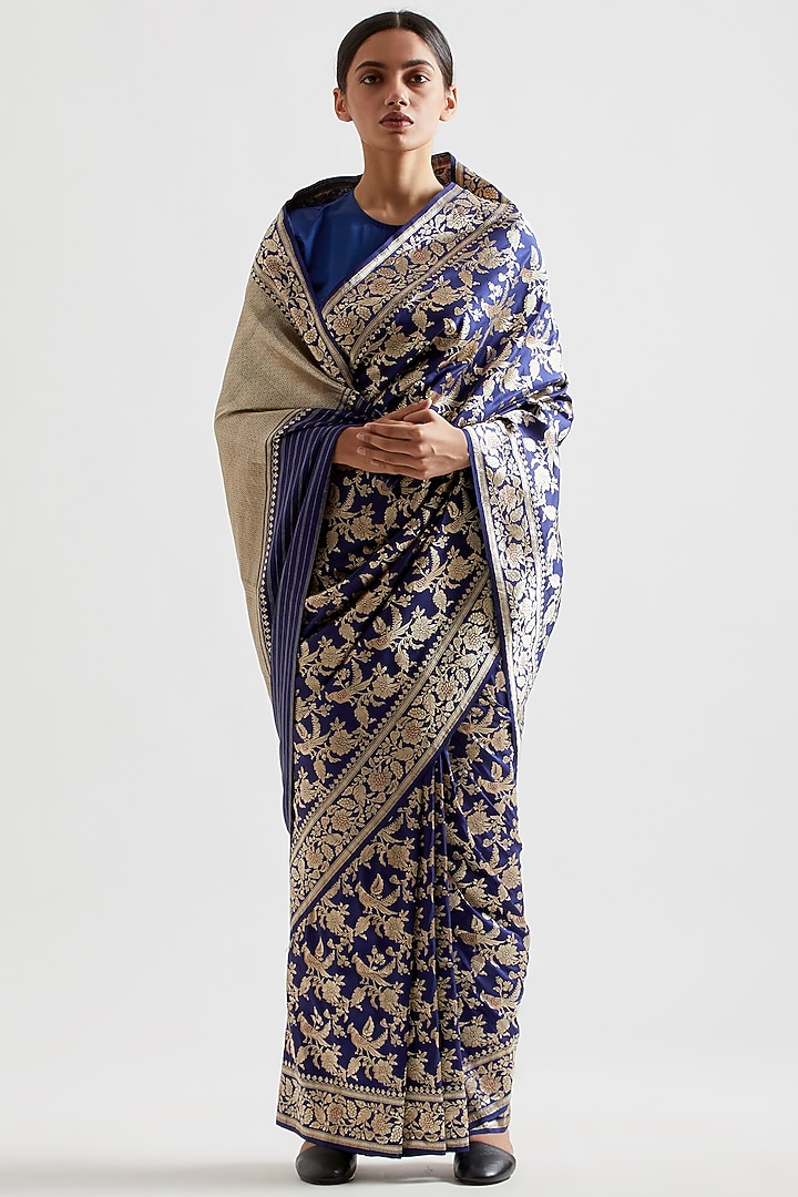 Indigo Blue Reception Saree In Silk by Kshitij Jalori at Pernia's Pop Up Shop