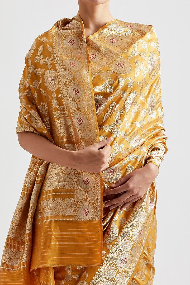 Mustard Jaal Reception Saree by Kshitij Jalori at Pernia's Pop Up Shop