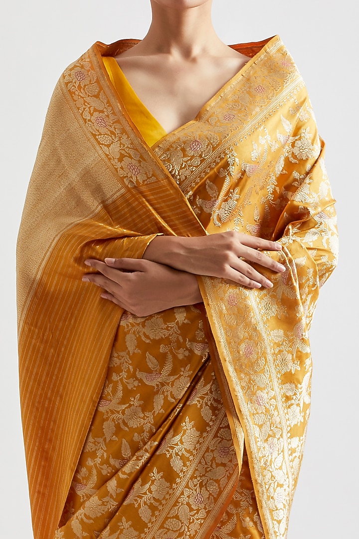 Mustard Silk Reception Saree by Kshitij Jalori at Pernia's Pop Up Shop