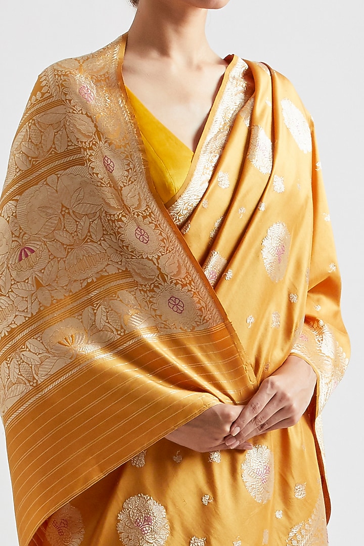 Mustard Silk Boota Work Reception Saree by Kshitij Jalori at Pernia's Pop Up Shop
