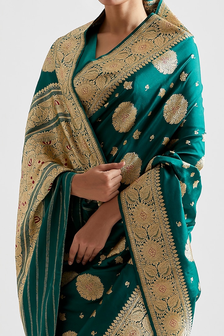 Emerald Green Silk Boota Work Reception Saree by Kshitij Jalori at Pernia's Pop Up Shop