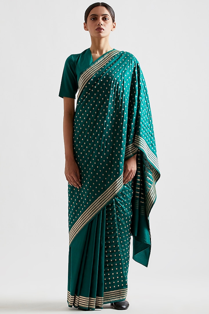 Emerald Green Silk Dotted Saree by Kshitij Jalori