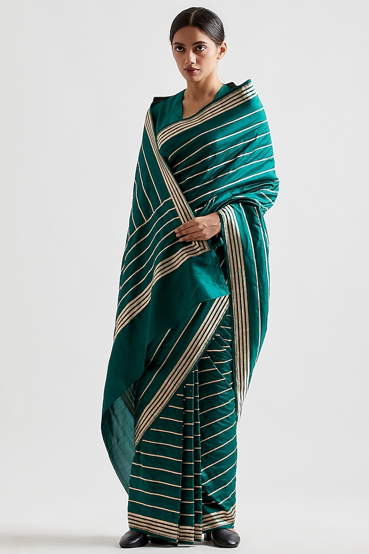 Emerald Green Silk Striped Saree by Kshitij Jalori