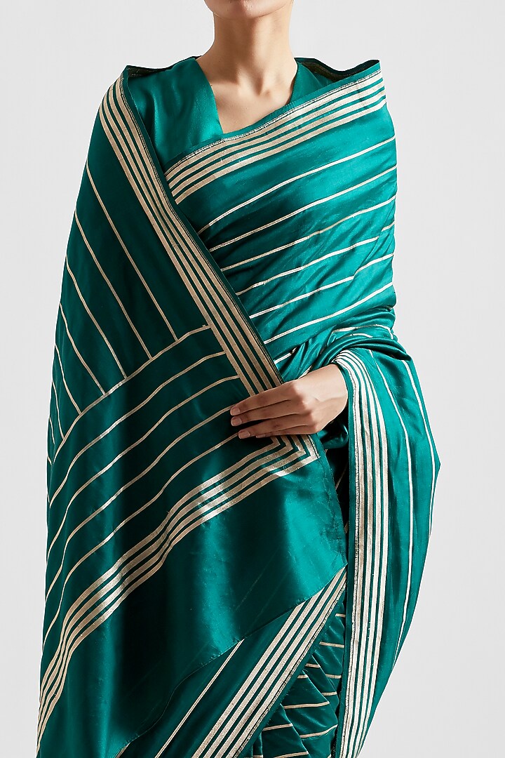 Emerald Green Silk Striped Wedding Saree by Kshitij Jalori at Pernia's Pop Up Shop