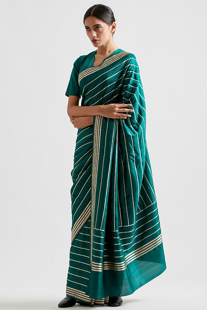 Emerald Green Silk Striped Wedding Saree by Kshitij Jalori at Pernia's Pop Up Shop