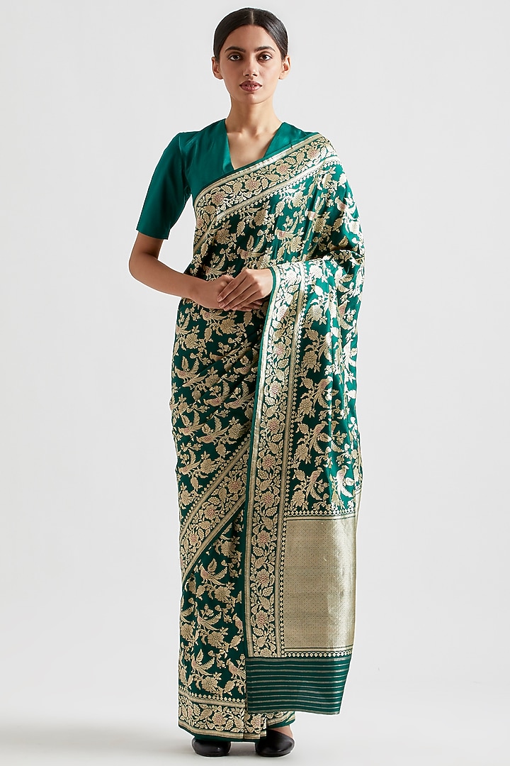 Emerald Green Silk Reception Saree by Kshitij Jalori at Pernia's Pop Up Shop