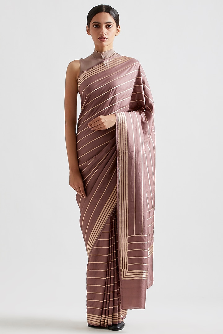 Pale Wine Striped Wedding Saree by Kshitij Jalori at Pernia's Pop Up Shop