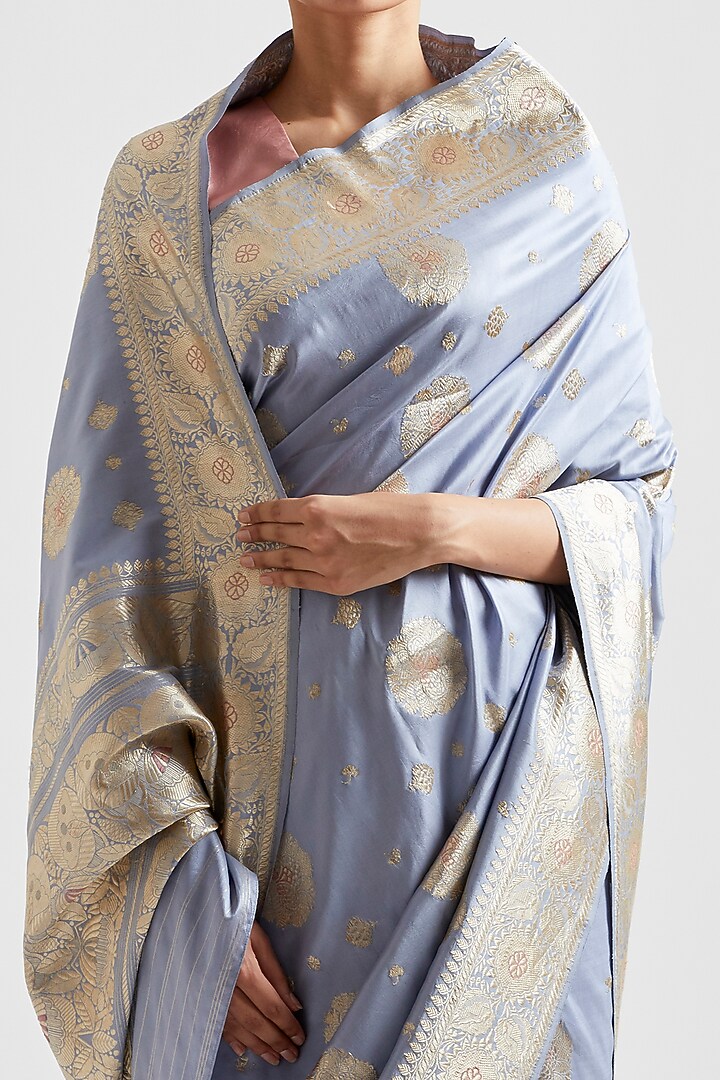 Wedgewood Blue Silk Reception Saree by Kshitij Jalori at Pernia's Pop Up Shop