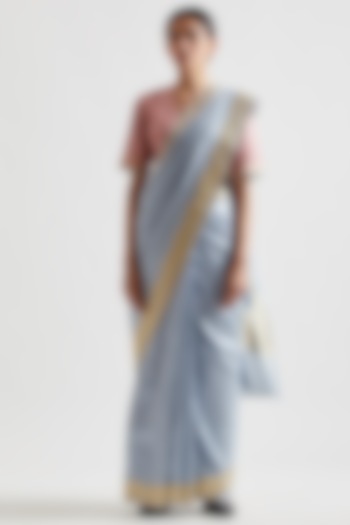 Wedgewood Blue Party Wear Saree With Border by Kshitij Jalori at Pernia's Pop Up Shop
