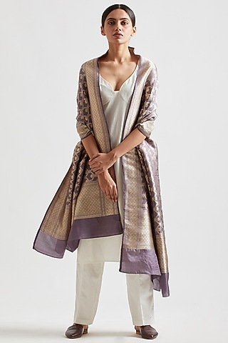 Charcoal Silk Dupatta by Kshitij Jalori