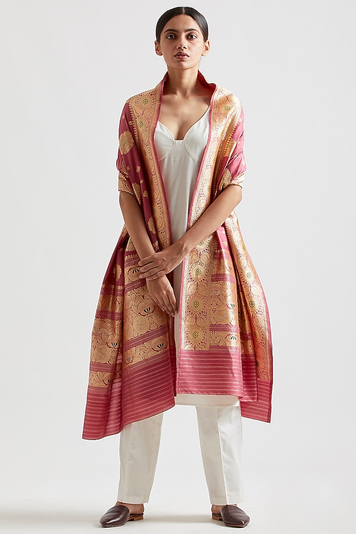 Old Rose Silk Dupatta by Kshitij Jalori at Pernia's Pop Up Shop