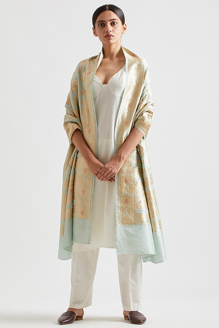 Mint Silk Dupatta by Kshitij Jalori at Pernia's Pop Up Shop
