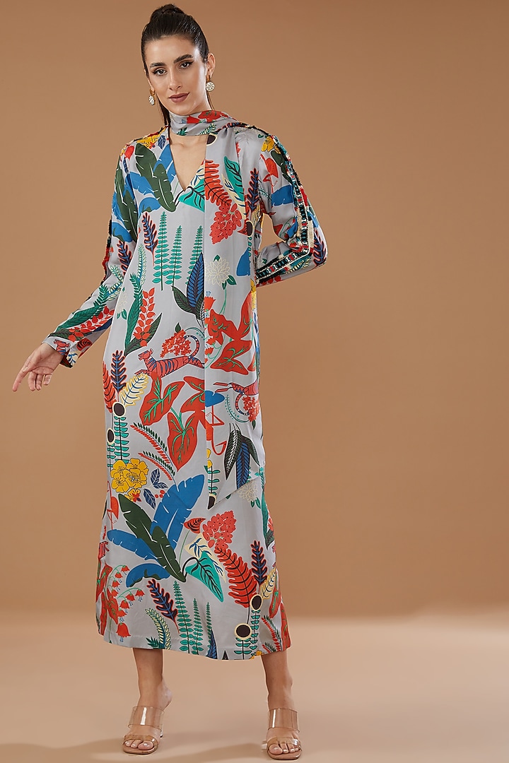 Multi-Colored Silk Satin Crepe Printed Dress by Kshitij Jalori