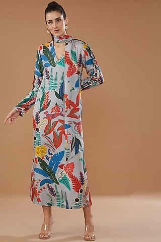 Multi-Colored Silk Satin Crepe Printed Dress by Kshitij Jalori